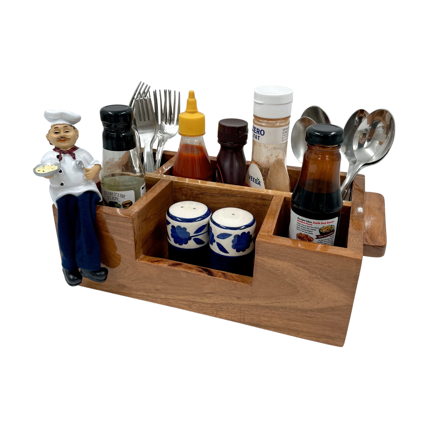 The Weaver's Nest Wooden Cutlery Holder with Salt & Pepper for Kitchen Dining