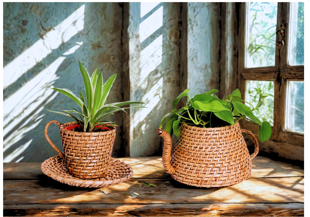 The Weaver's Nest set of two Cane Planters - Kettle & Cup-saucer