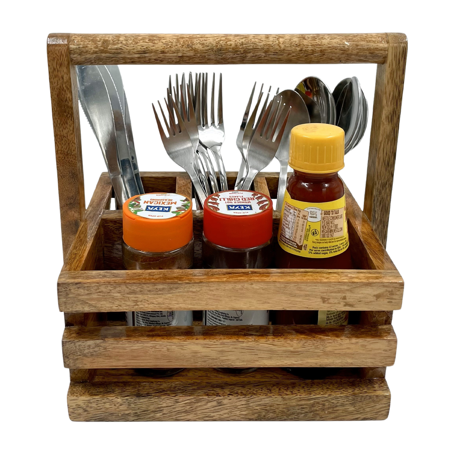 The Weaver's Nest Wooden Table Utility Cutlery Holder/Caddy with Handle for Spoons, Forks, Knives Organiser for Dining Table, Kitchen and Restaurants