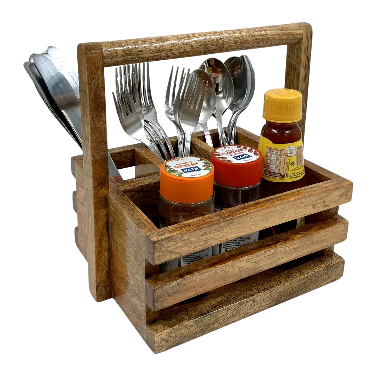 The Weaver's Nest Wooden Table Utility Cutlery Holder/Caddy with Handle for Spoons, Forks, Knives Organiser for Dining Table, Kitchen and Restaurants