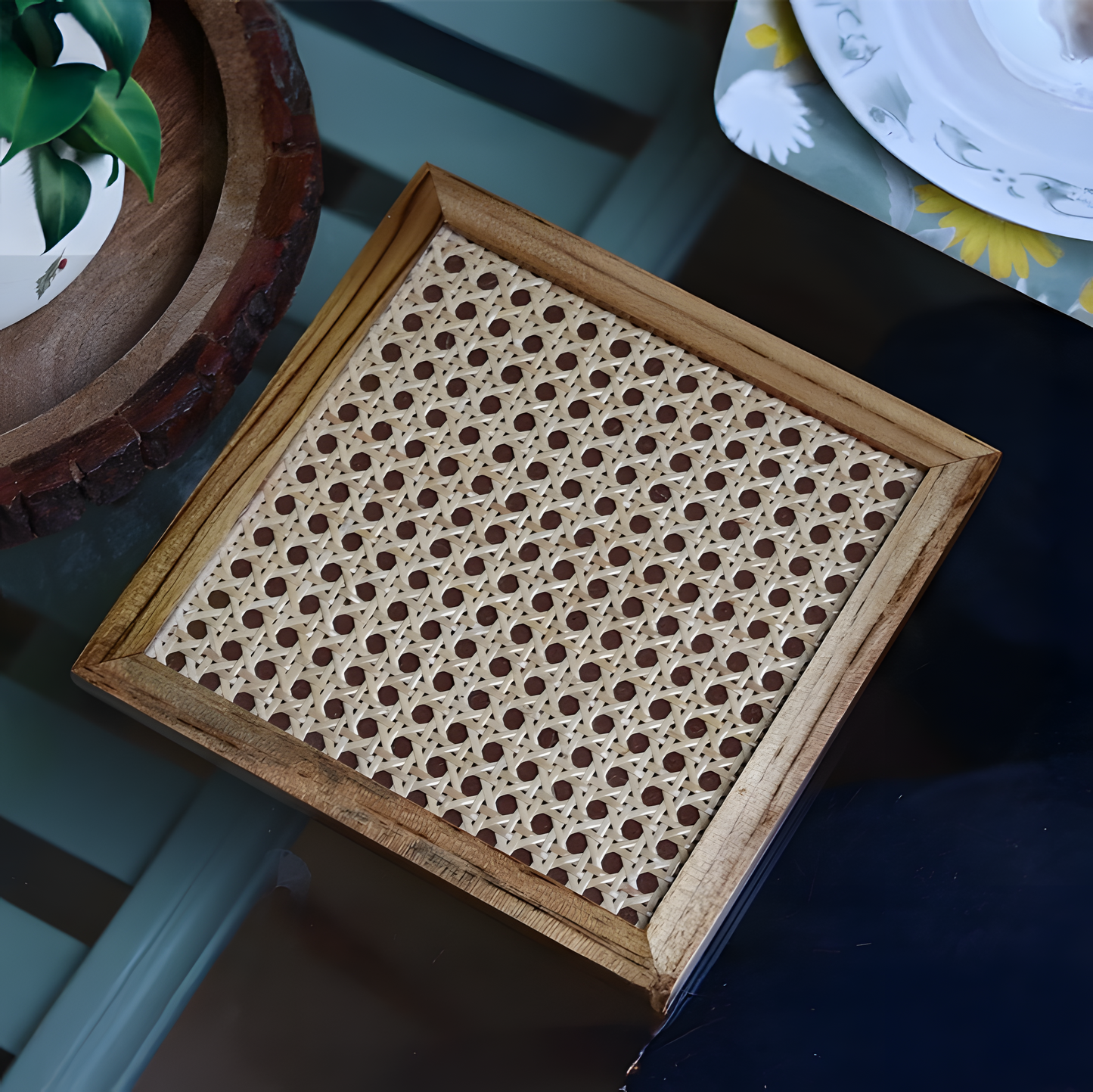 The Weaver's Nest Teak Wood Cane Coasters - Set of Four - Large