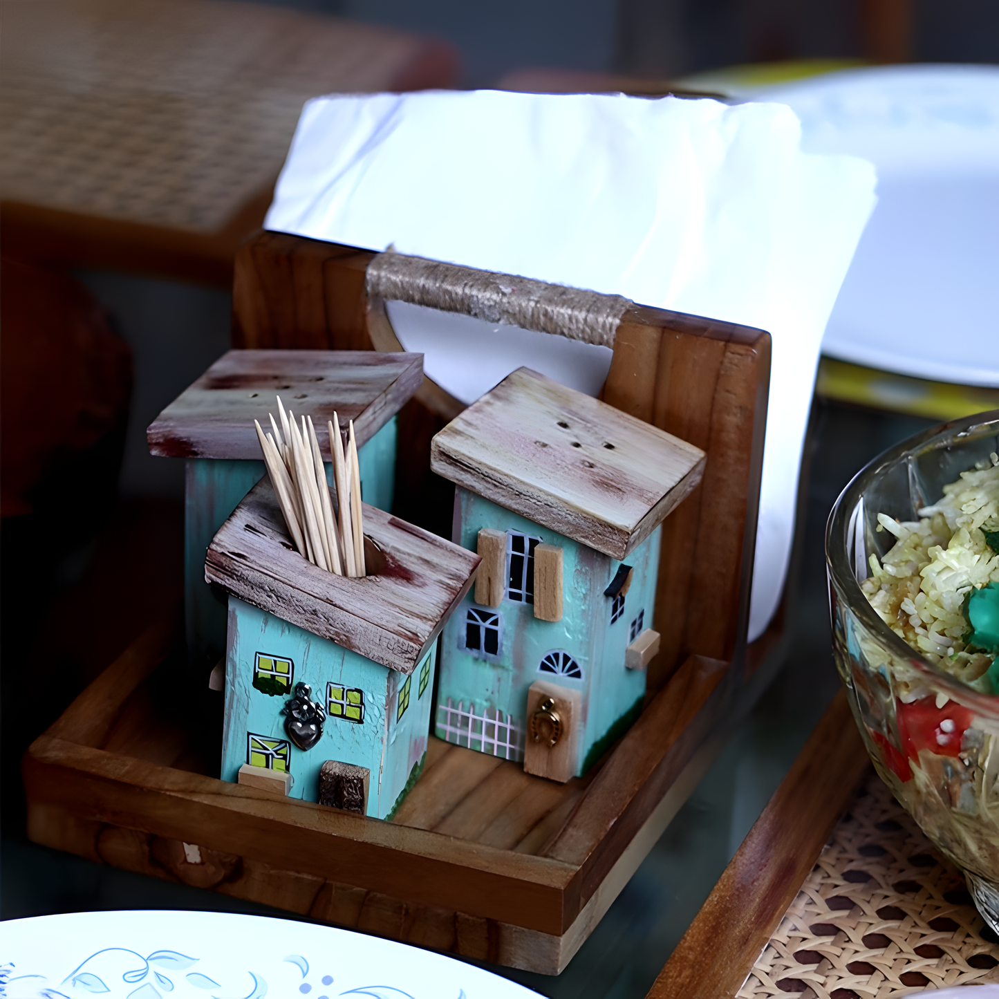 Rustic Houses Table Caddy & Condiment Organizer, Salt & Pepper Holder , Toothpick Holder - Teal Blue