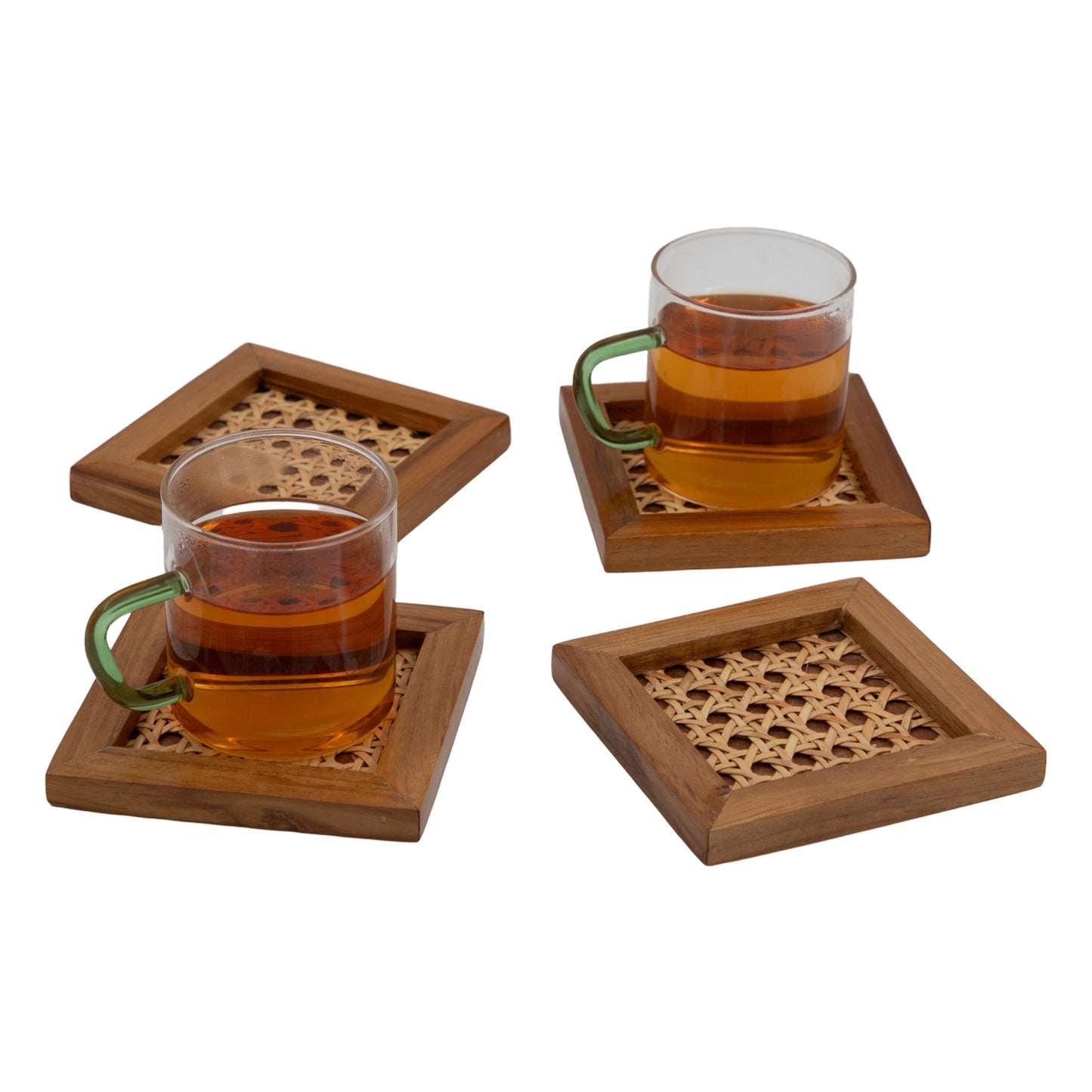 The Weaver's Nest Rattan Weave Solid Wood Serving Tray +  Teak Wood Cane Coasters (Set of Four) - KC3