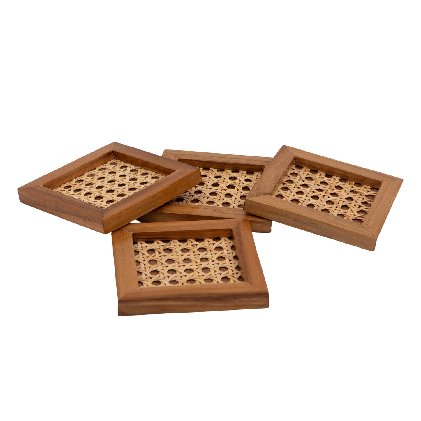 The Weaver's Nest Rattan Weave Solid Wood Serving Tray +  Teak Wood Cane Coasters (Set of Four) - KC3