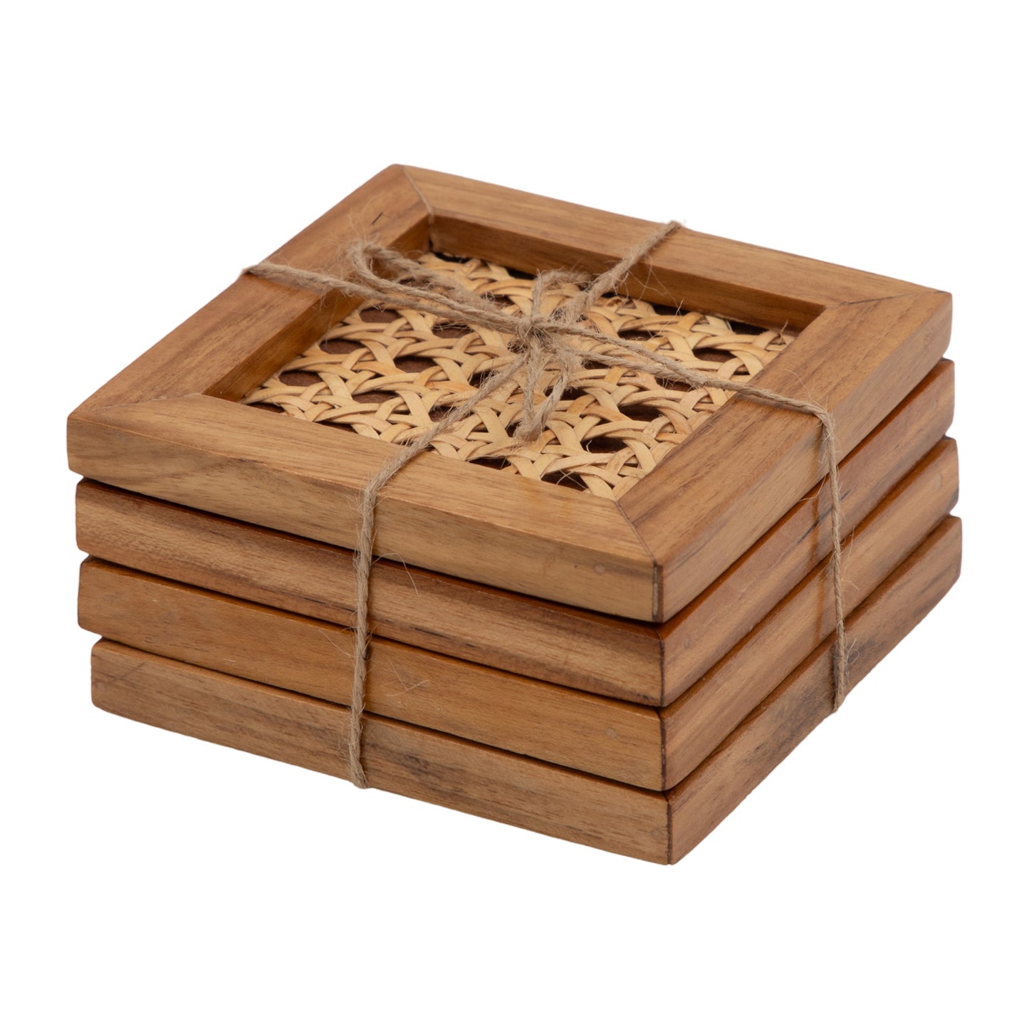 The Weaver's Nest Rattan Weave Solid Wood Serving Tray +  Teak Wood Cane Coasters (Set of Four) - KC3