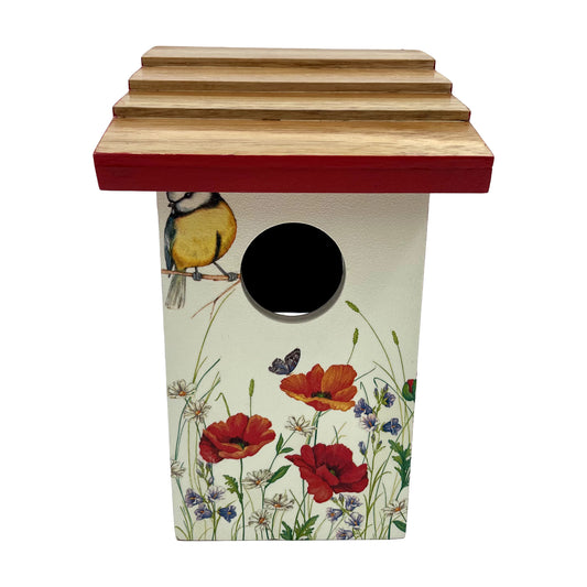 The Weaver's Nest Teak Roof Bird House with Poppies