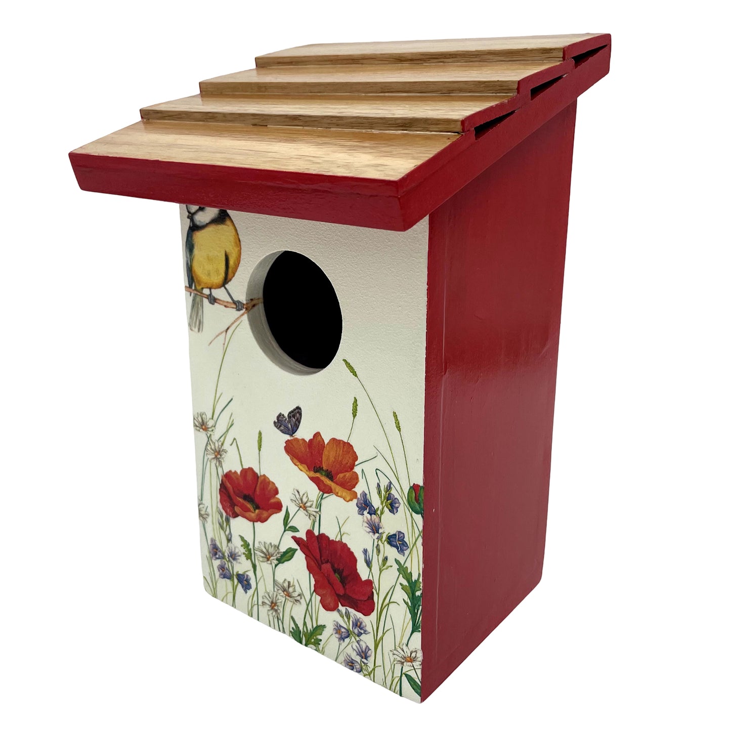 The Weaver's Nest Teak Roof Bird House with Poppies