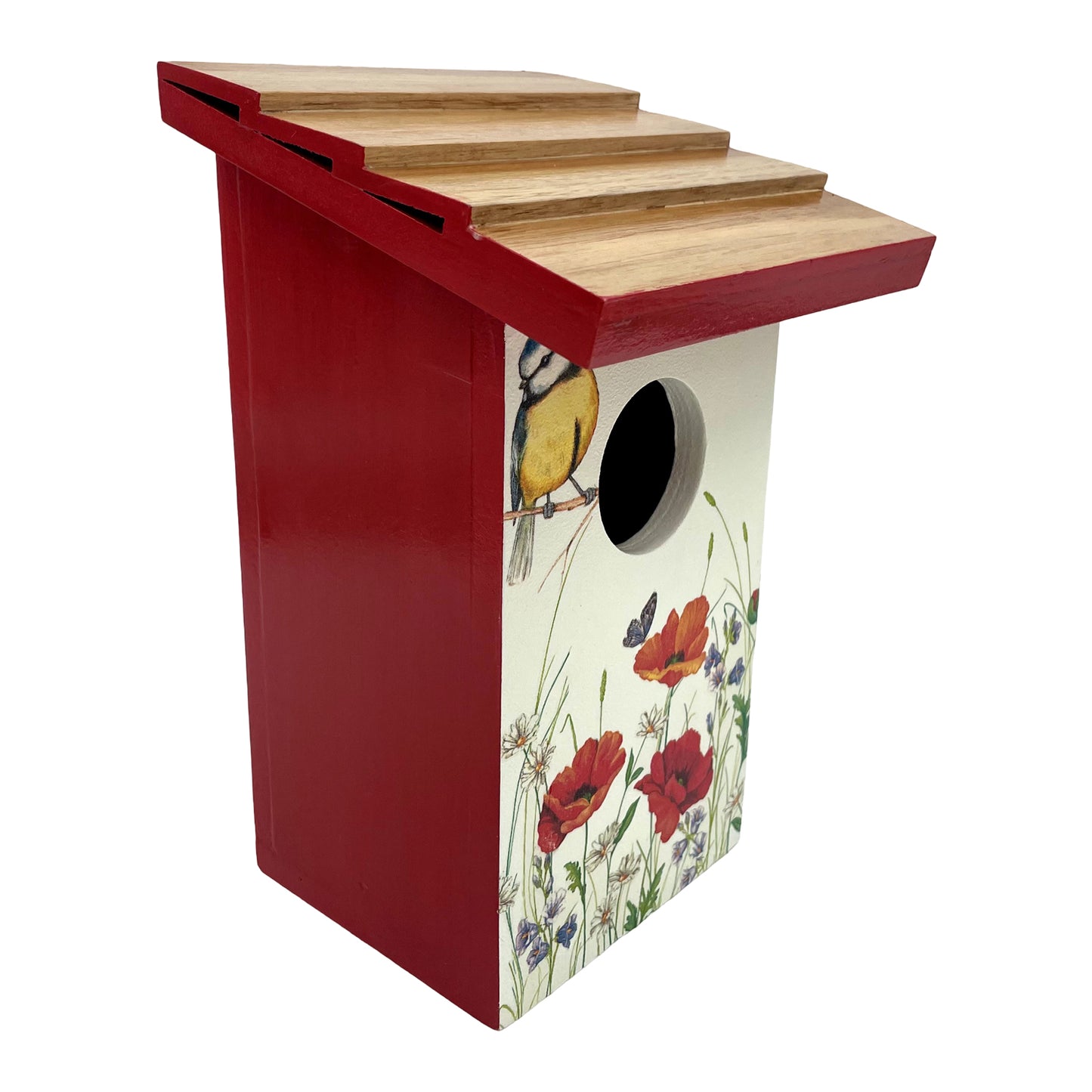The Weaver's Nest Teak Roof Bird House with Poppies