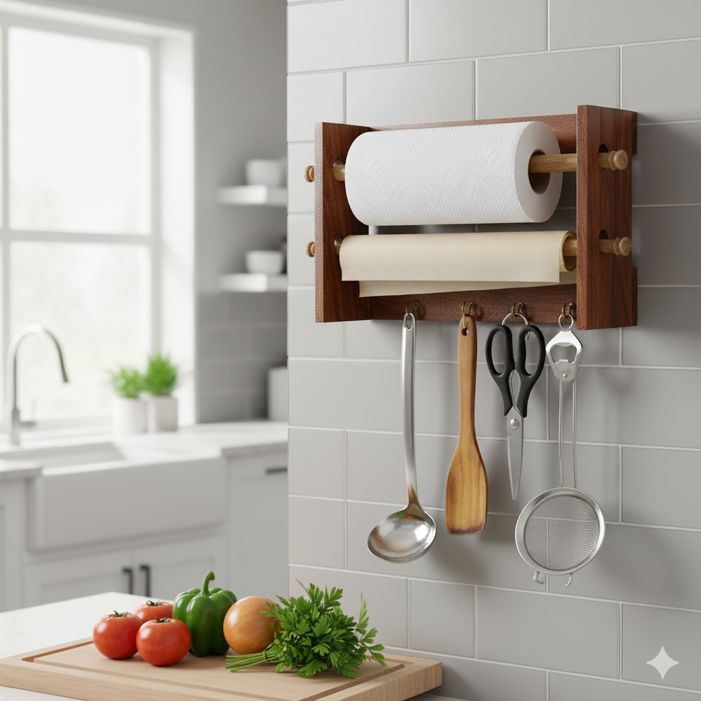 The Weaver's Nest Solid Wood Two in one Paper Towel Roll Dispenser Holder / Tissue Paper Stand with Hooks