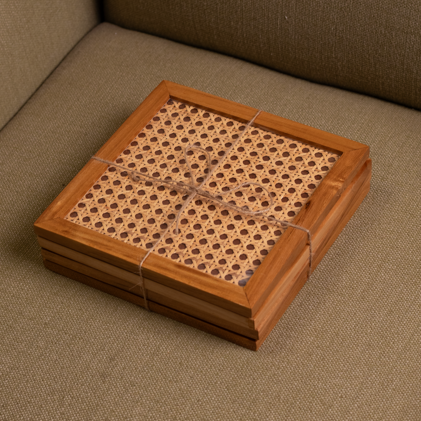 The Weaver's Nest Teak Wood Cane Coasters - Set of Four - Large