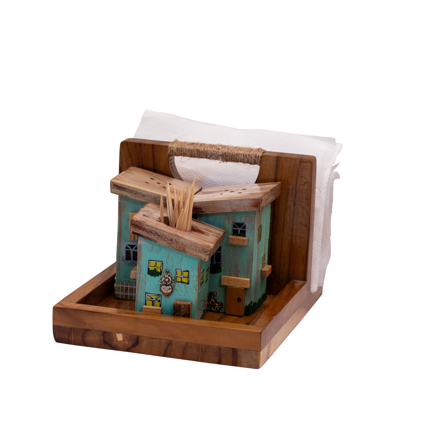 Rustic Houses Table Caddy & Condiment Organizer, Salt & Pepper Holder , Toothpick Holder - Teal Blue