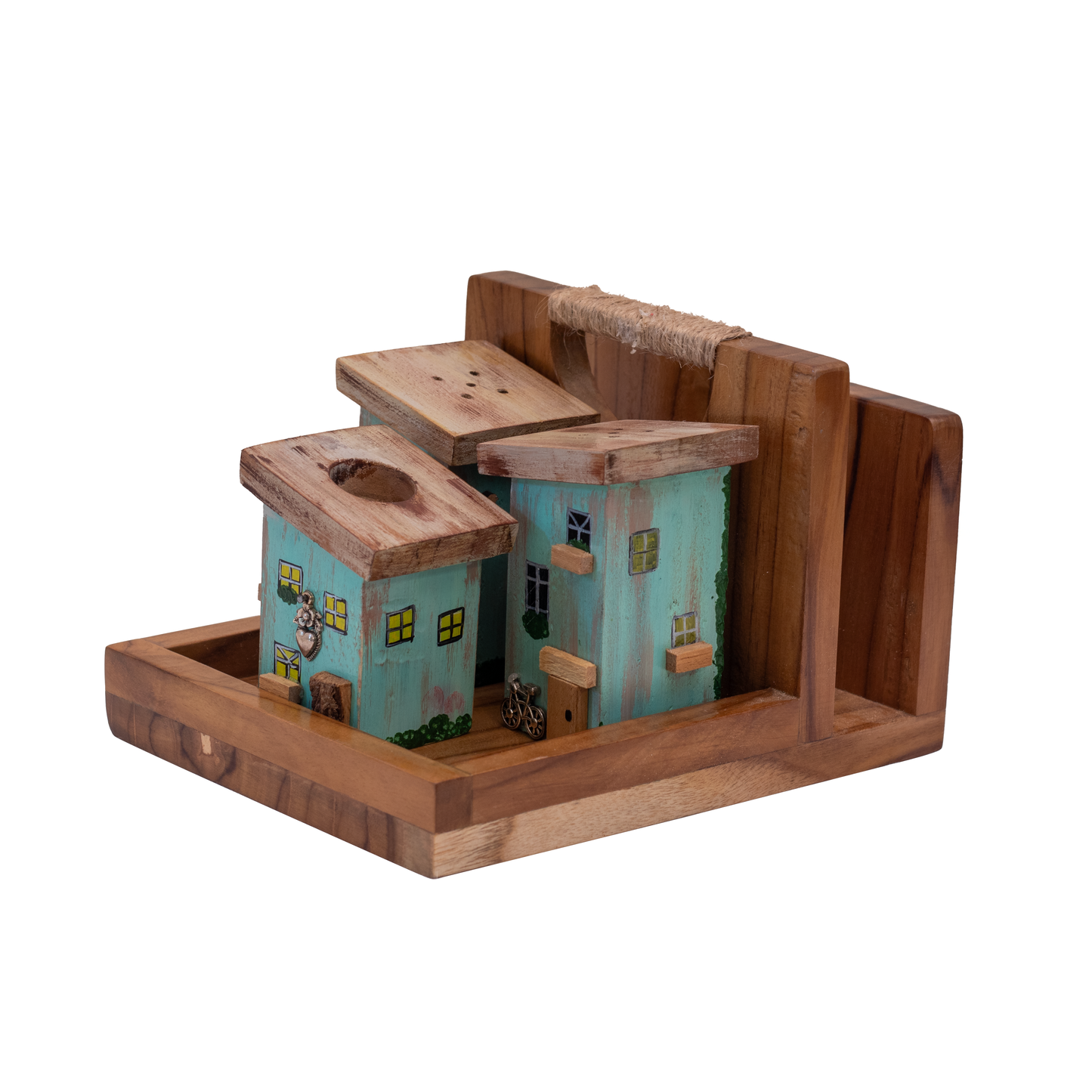 Rustic Houses Table Caddy & Condiment Organizer, Salt & Pepper Holder , Toothpick Holder - Teal Blue