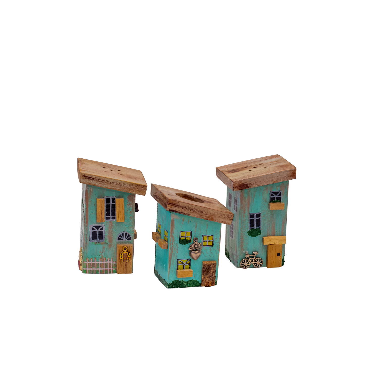 Rustic Houses Table Caddy & Condiment Organizer, Salt & Pepper Holder , Toothpick Holder - Teal Blue