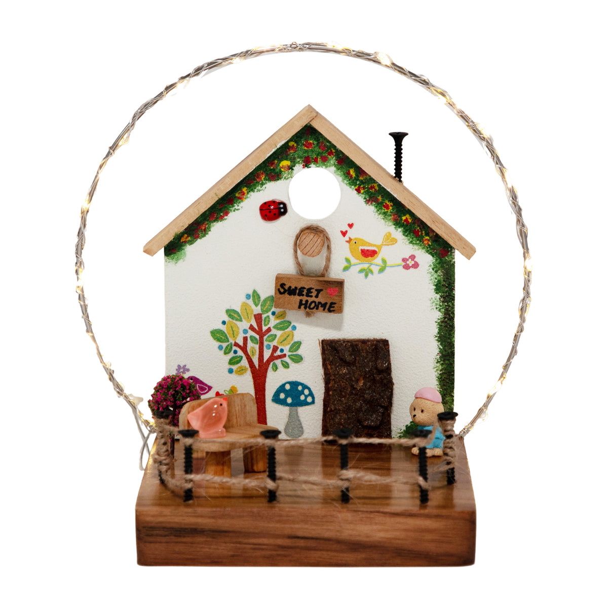 The Weaver's Nest White Cottage with Bark Door & String Lights