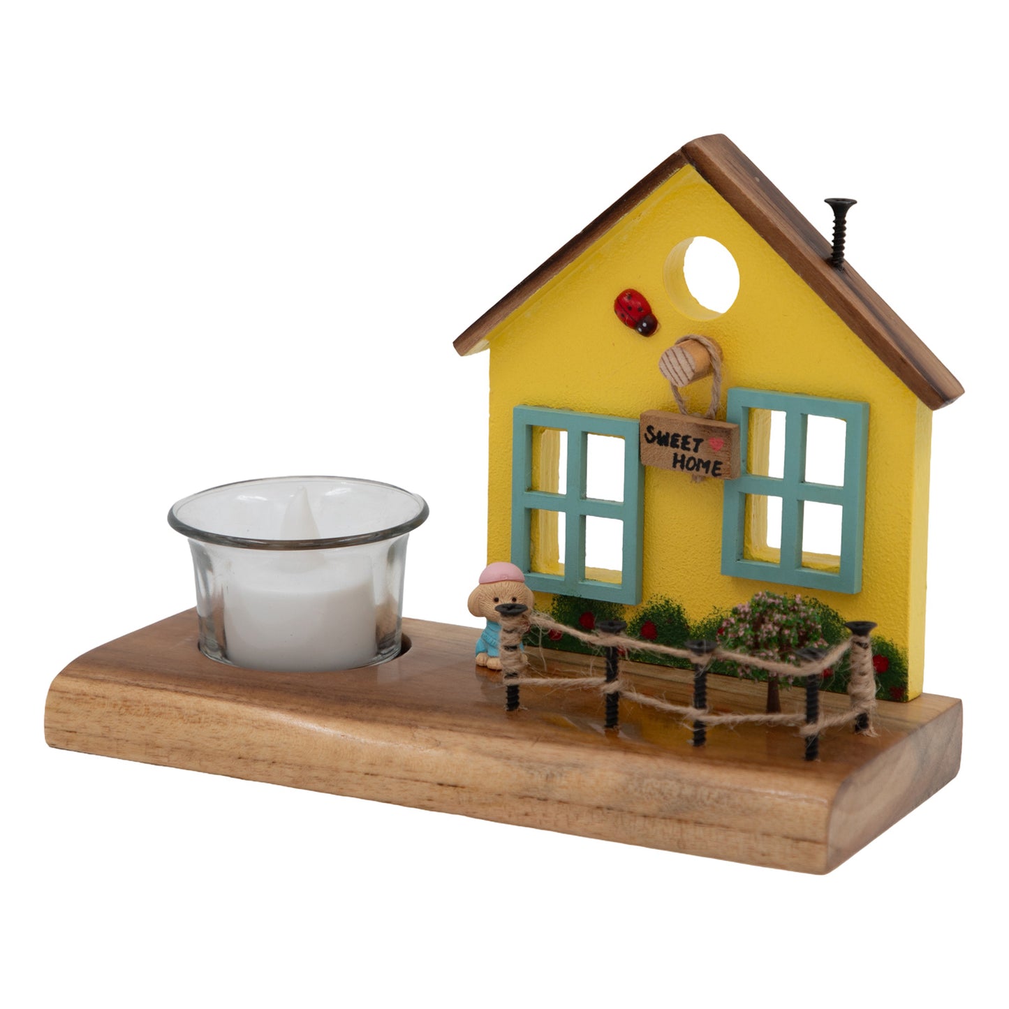 The Weaver's Nest Vintage Wooden Yellow Cottage House Tea Light / Candle Holder Decor