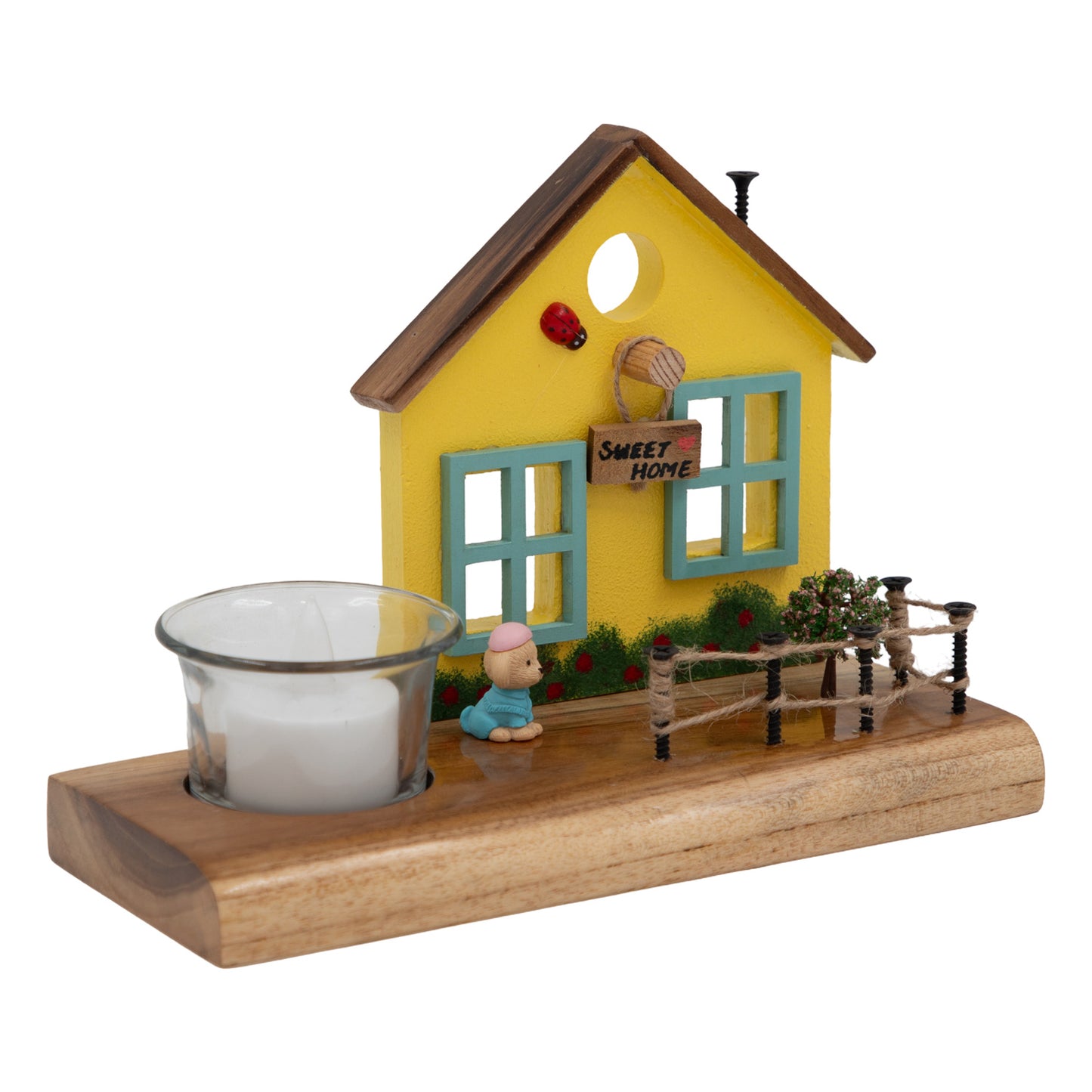 The Weaver's Nest Vintage Wooden Yellow Cottage House Tea Light / Candle Holder Decor