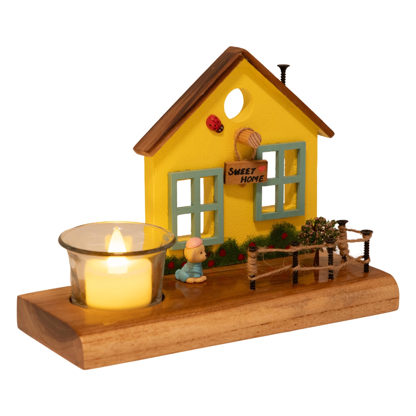 The Weaver's Nest Vintage Wooden Yellow Cottage House Tea Light / Candle Holder Decor
