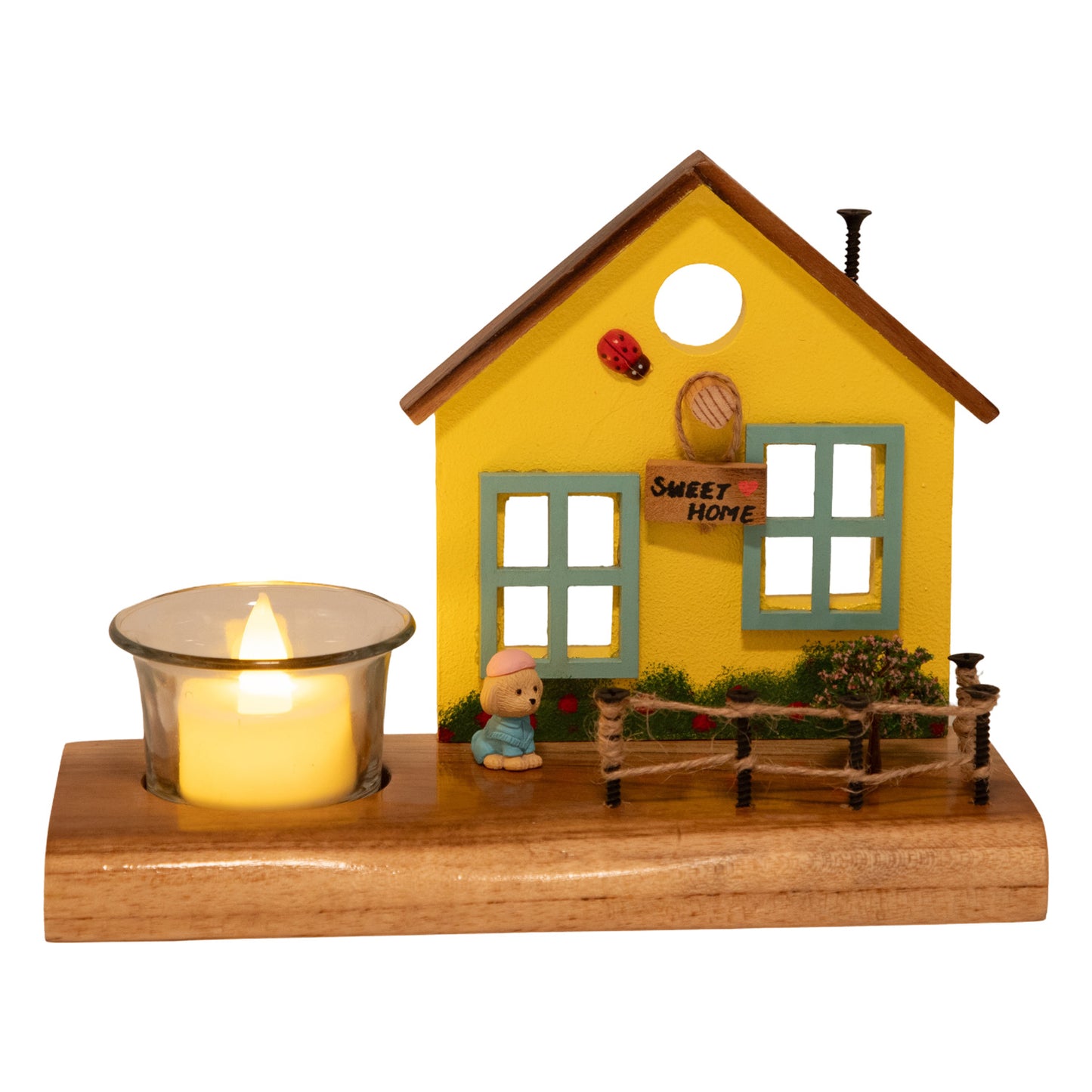 The Weaver's Nest Vintage Wooden Yellow Cottage House Tea Light / Candle Holder Decor