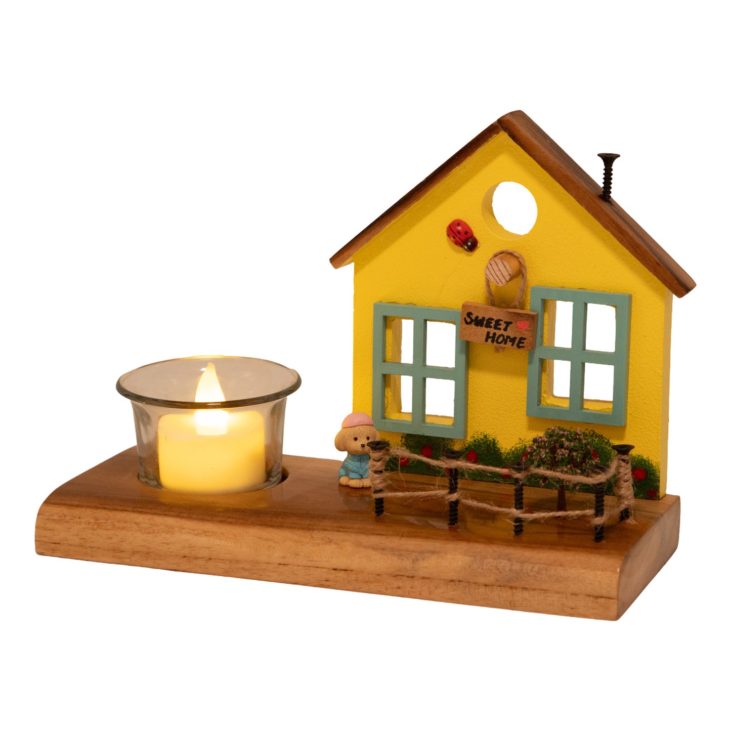 The Weaver's Nest Vintage Wooden Yellow Cottage House Tea Light / Candle Holder Decor