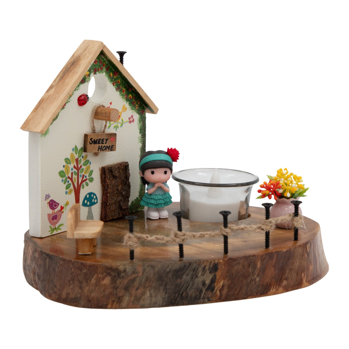 The Weaver's Nest Vintage Wooden White House Tea Light / Candle Holder Décor