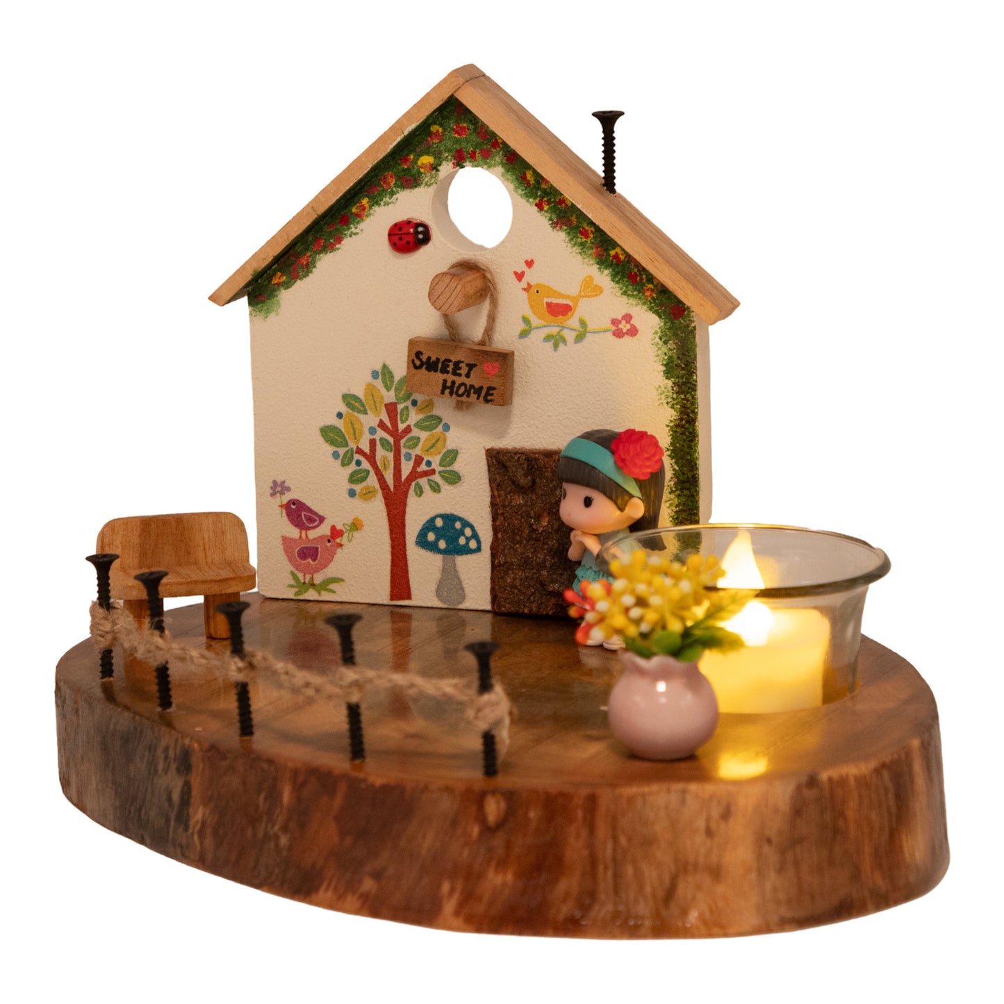 The Weaver's Nest Vintage Wooden White House Tea Light / Candle Holder Décor