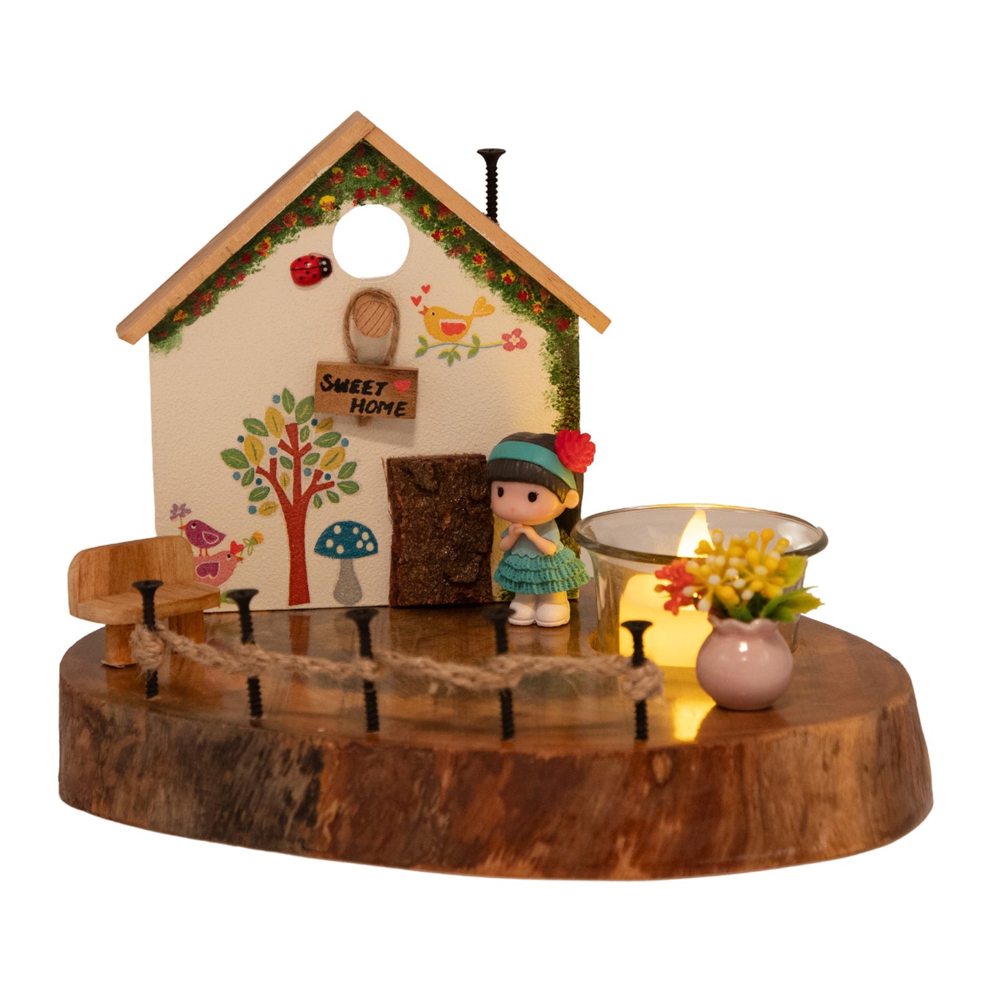 The Weaver's Nest Vintage Wooden White House Tea Light / Candle Holder Décor