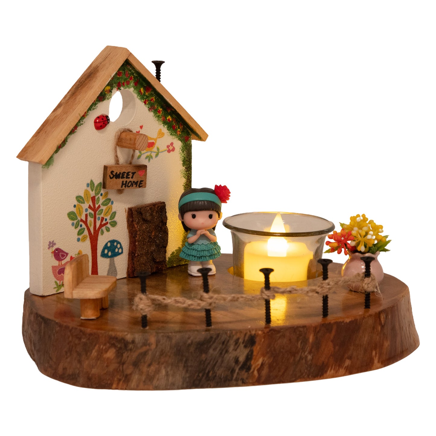 The Weaver's Nest Vintage Wooden White House Tea Light / Candle Holder Décor