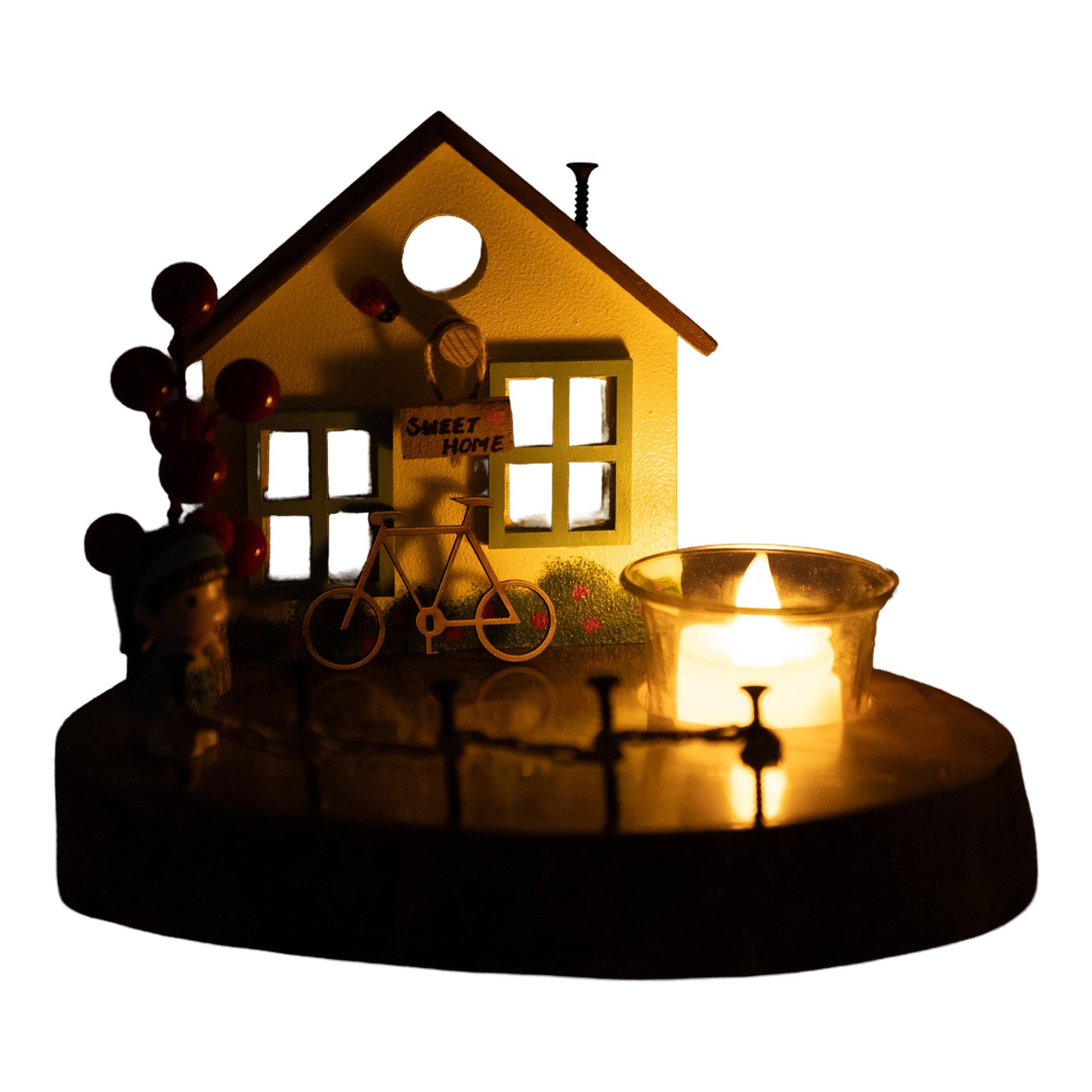 The Weaver's Nest Vintage Wooden Yellow House Tea Light / Candle Holder Décor