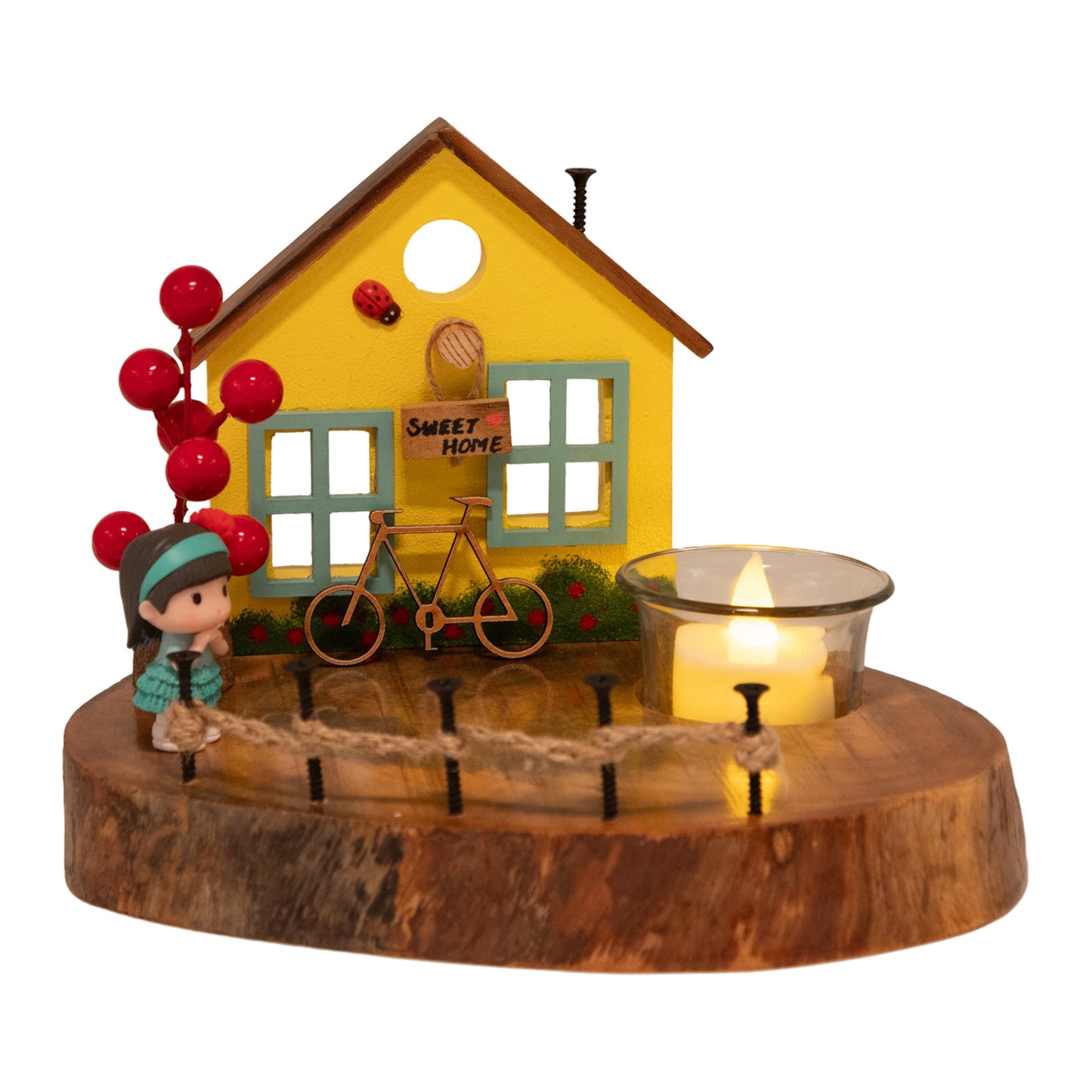 The Weaver's Nest Vintage Wooden Yellow House Tea Light / Candle Holder Décor