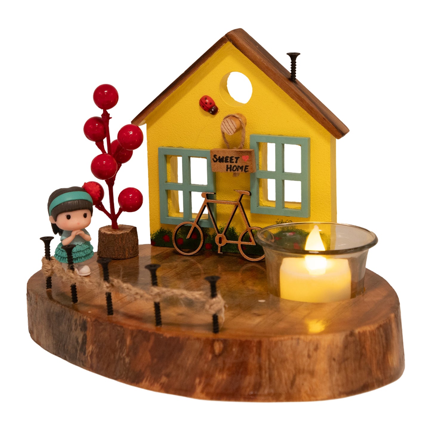 The Weaver's Nest Vintage Wooden Yellow House Tea Light / Candle Holder Décor