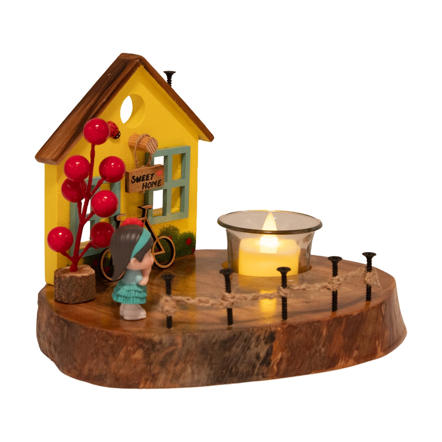 The Weaver's Nest Vintage Wooden Yellow House Tea Light / Candle Holder Décor