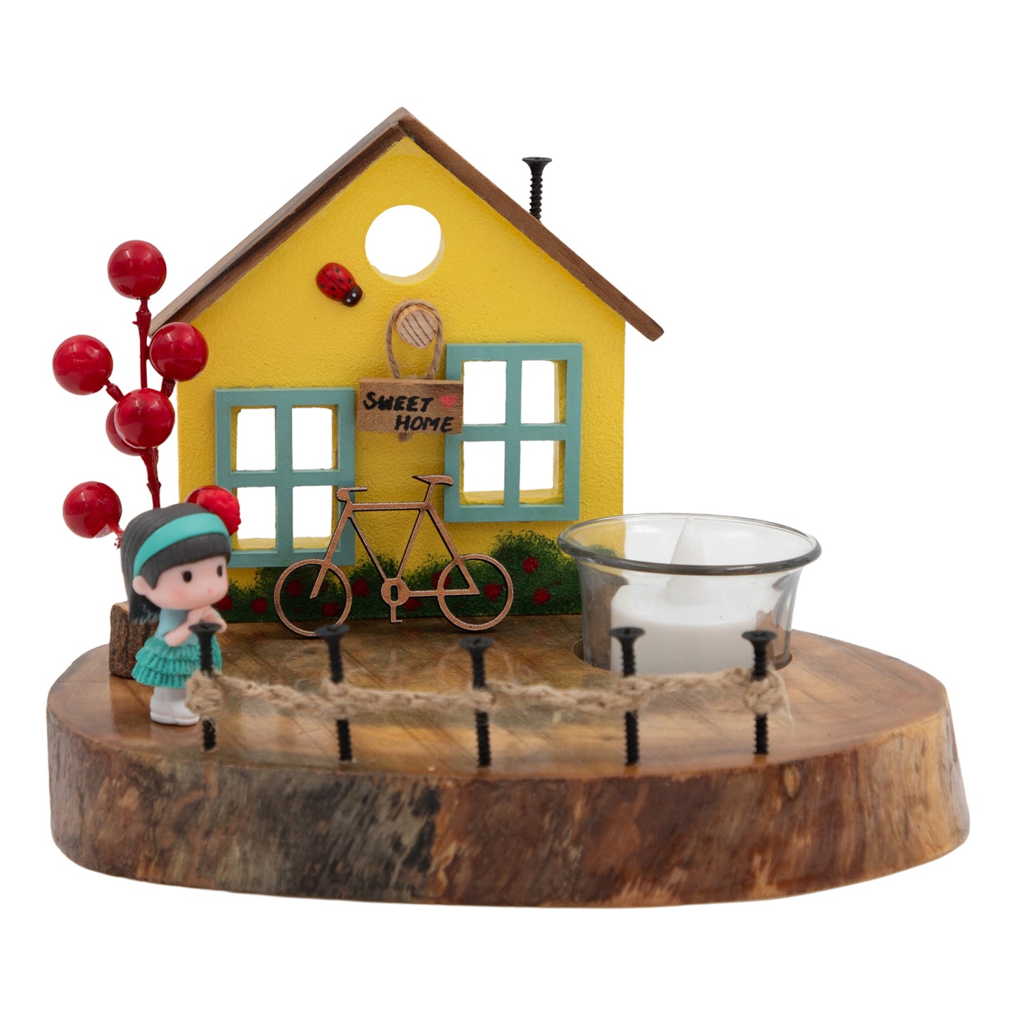 The Weaver's Nest Vintage Wooden Yellow House Tea Light / Candle Holder Décor