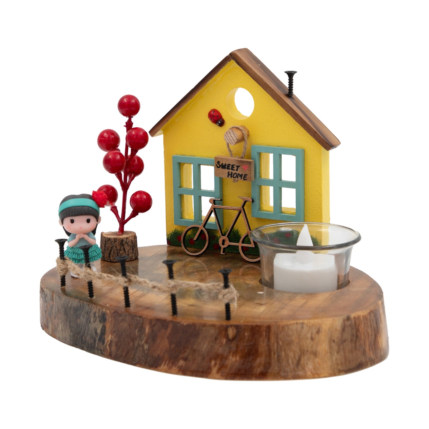 The Weaver's Nest Vintage Wooden Yellow House Tea Light / Candle Holder Décor