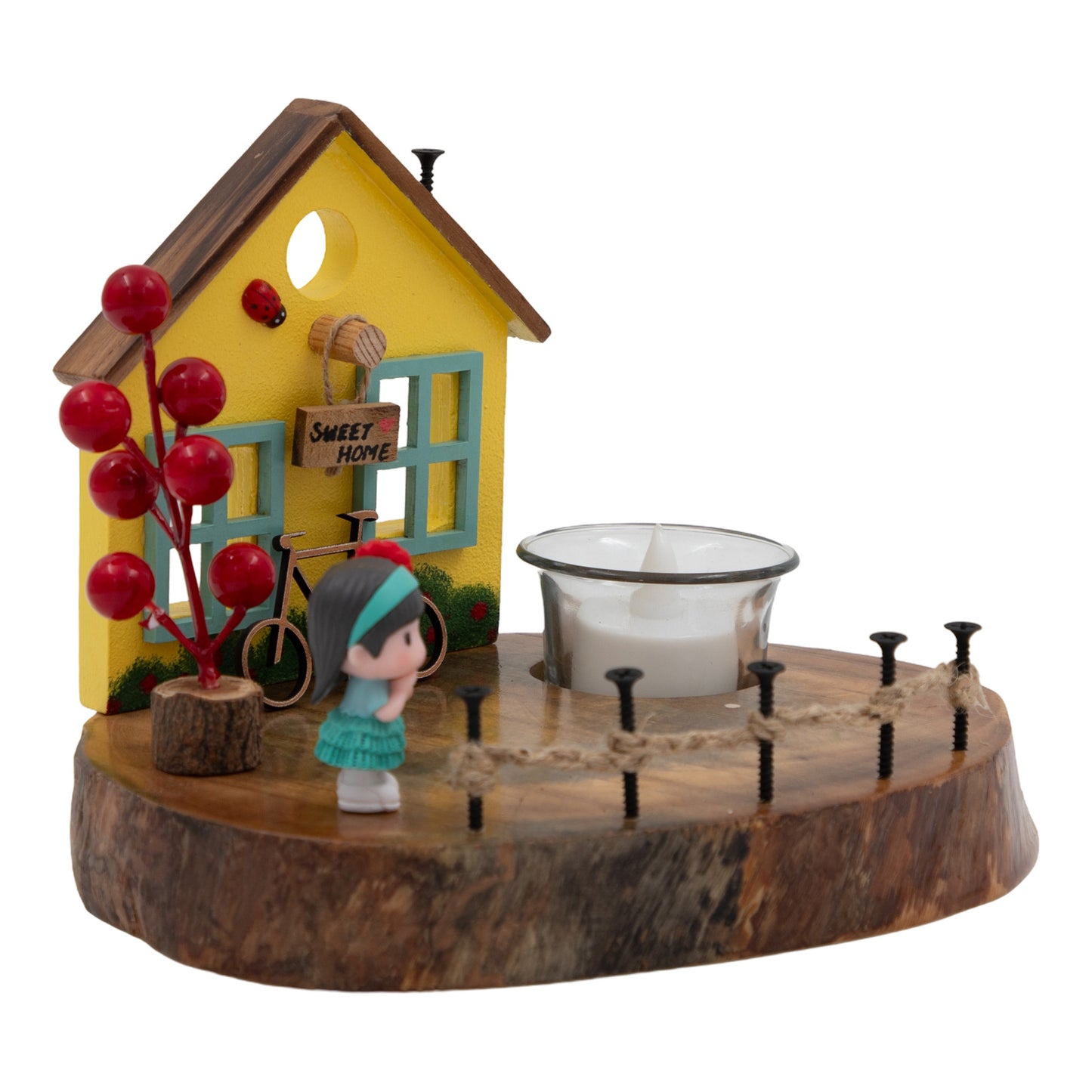 The Weaver's Nest Vintage Wooden Yellow House Tea Light / Candle Holder Décor