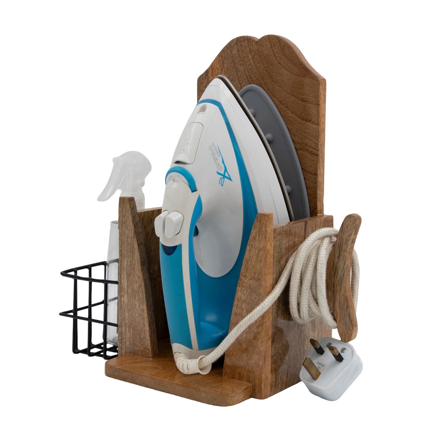 The Weaver's Nest Solid wood Wall Mounted Electric Iron Holder with Bottle storage, Laundry Room Iron Storage organizer