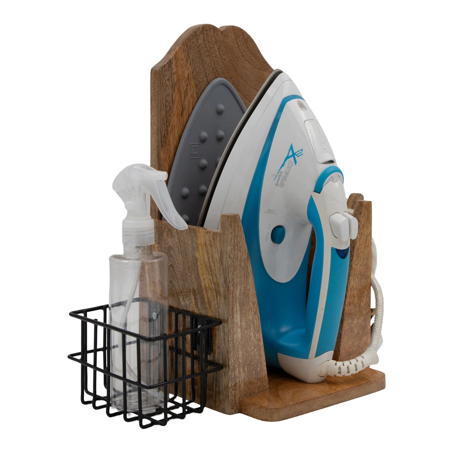 The Weaver's Nest Solid wood Wall Mounted Electric Iron Holder with Bottle storage, Laundry Room Iron Storage organizer