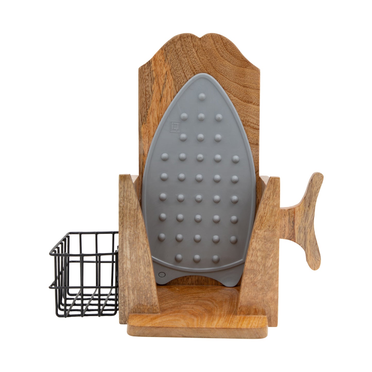 The Weaver's Nest Solid wood Wall Mounted Electric Iron Holder with Bottle storage, Laundry Room Iron Storage organizer