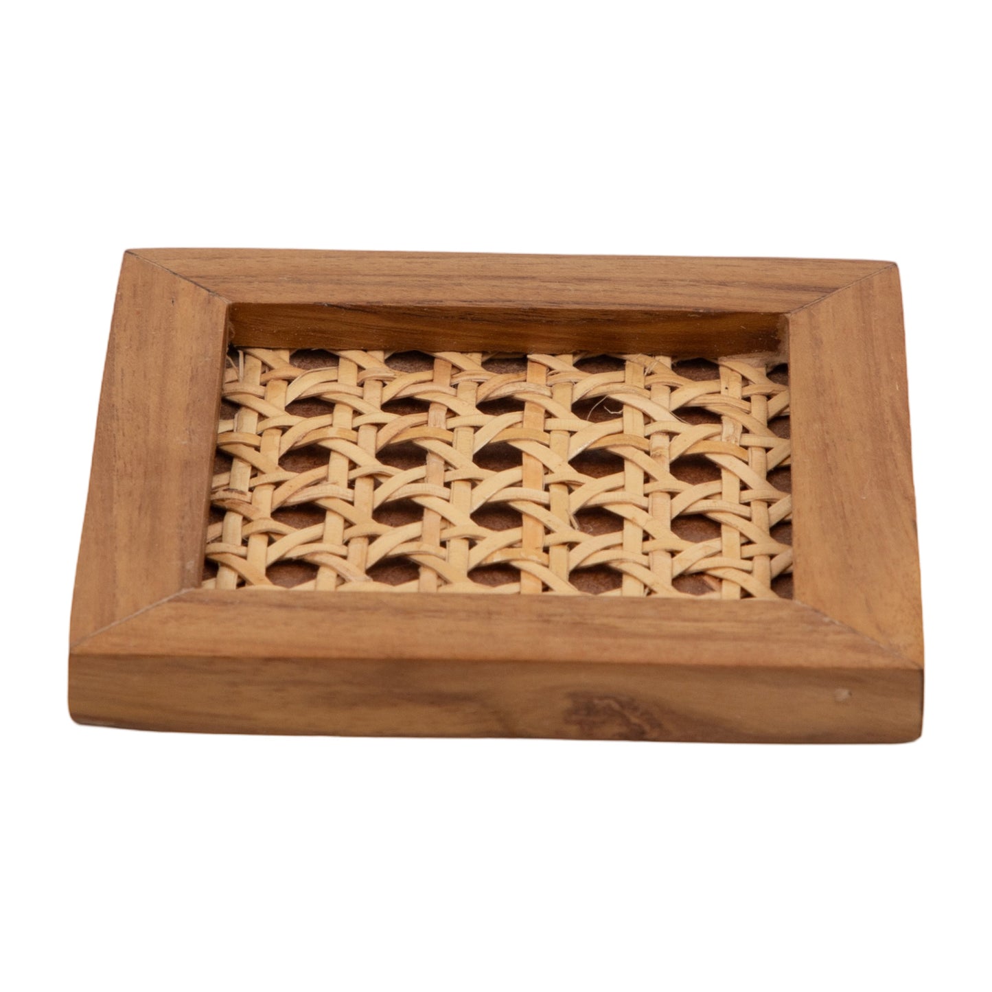 The Weaver's Nest Rattan Weave Solid Wood Serving Tray +  Teak Wood Cane Coasters (Set of Four) - KC3