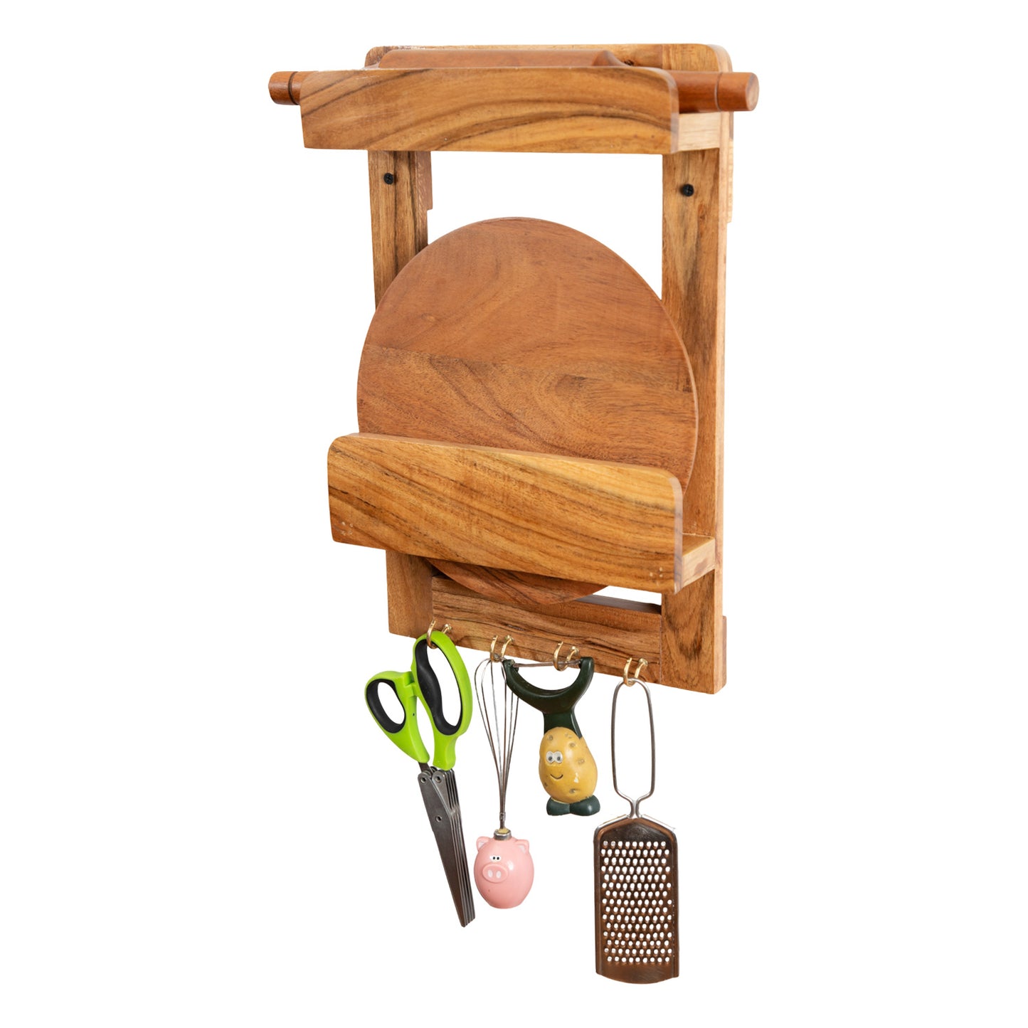 The Weaver's Nest Solid Wood Triple Roll Paper Towel Holder + Rolling Pin and Board Stand, Chakla Belan Stand - KC4