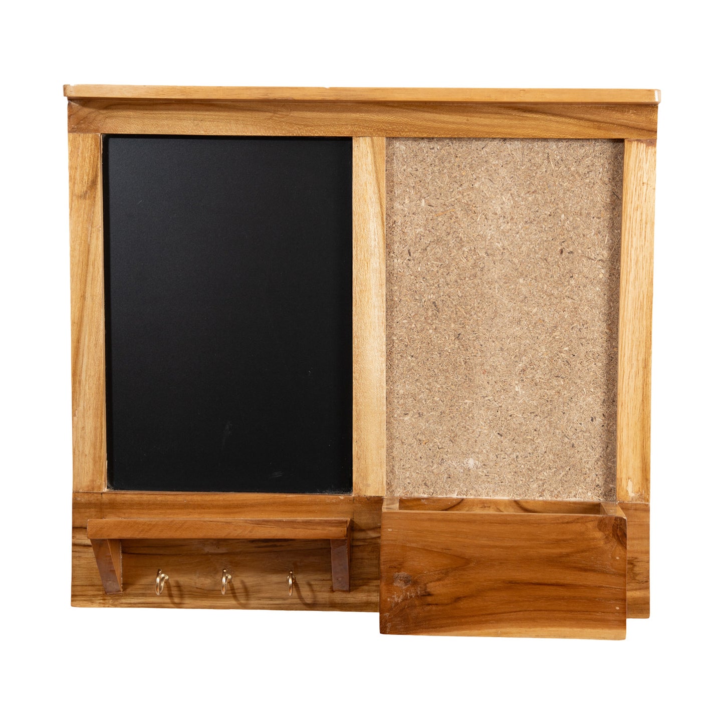 The Weaver's Nest Teak Wood Wall-Mounted Chalkboard with Cork Board, Mail Sorter, Key Hooks Organizer
