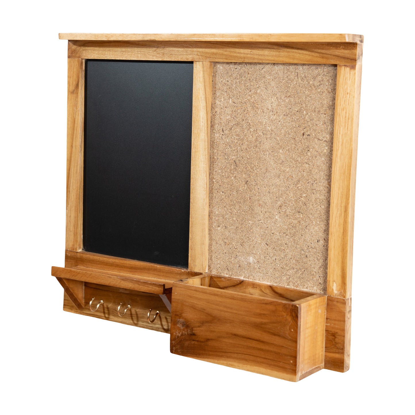 The Weaver's Nest Teak Wood Wall-Mounted Chalkboard with Cork Board, Mail Sorter, Key Hooks Organizer