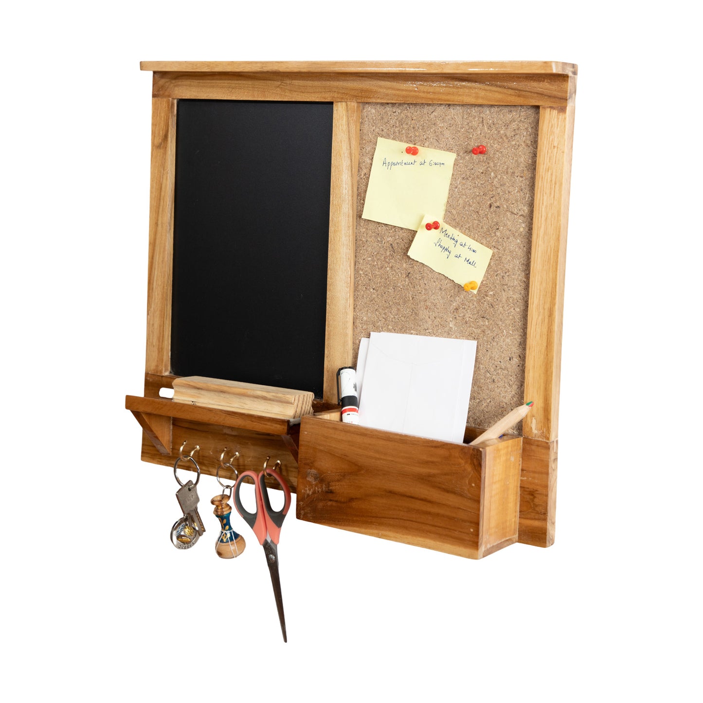 The Weaver's Nest Teak Wood Wall-Mounted Chalkboard with Cork Board, Mail Sorter, Key Hooks Organizer