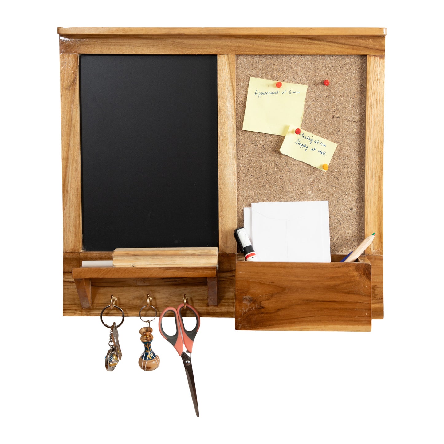 The Weaver's Nest Teak Wood Wall-Mounted Chalkboard with Cork Board, Mail Sorter, Key Hooks Organizer