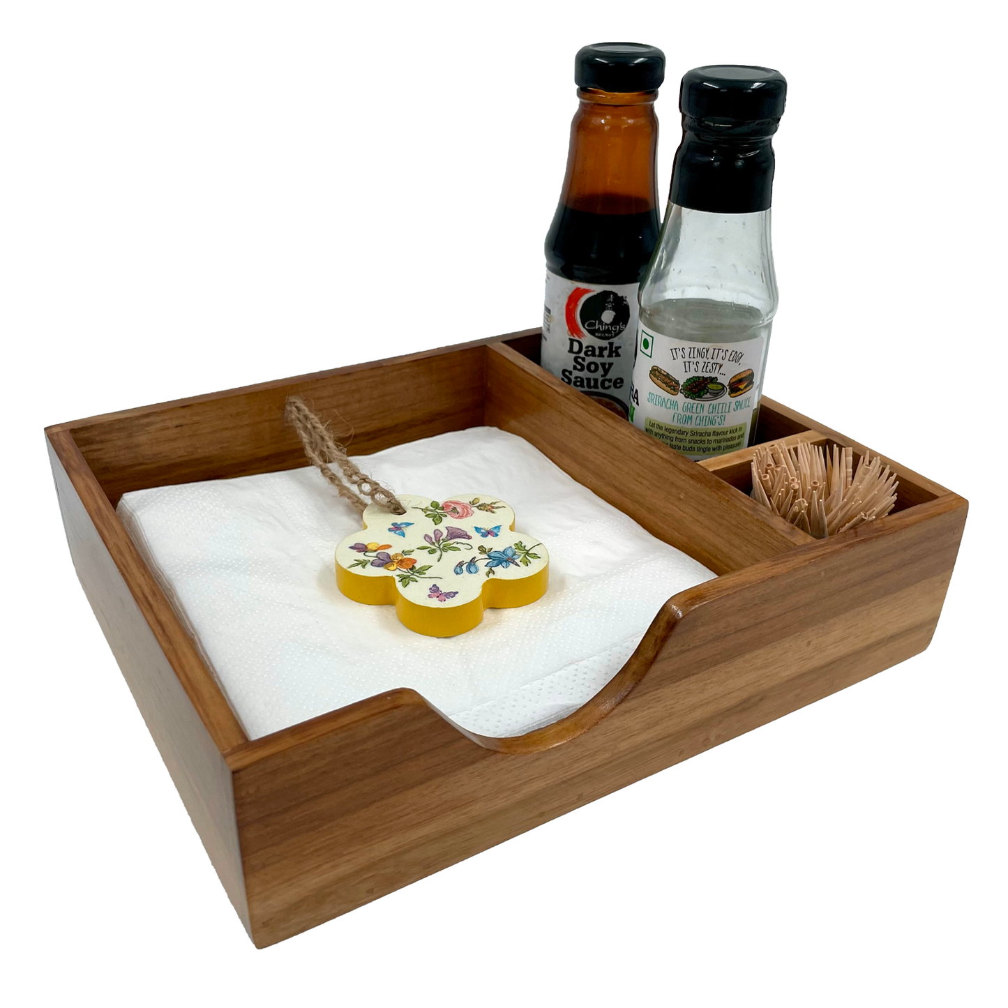 The Weaver's Nest - Teak Wood Napkin Holder - Flower