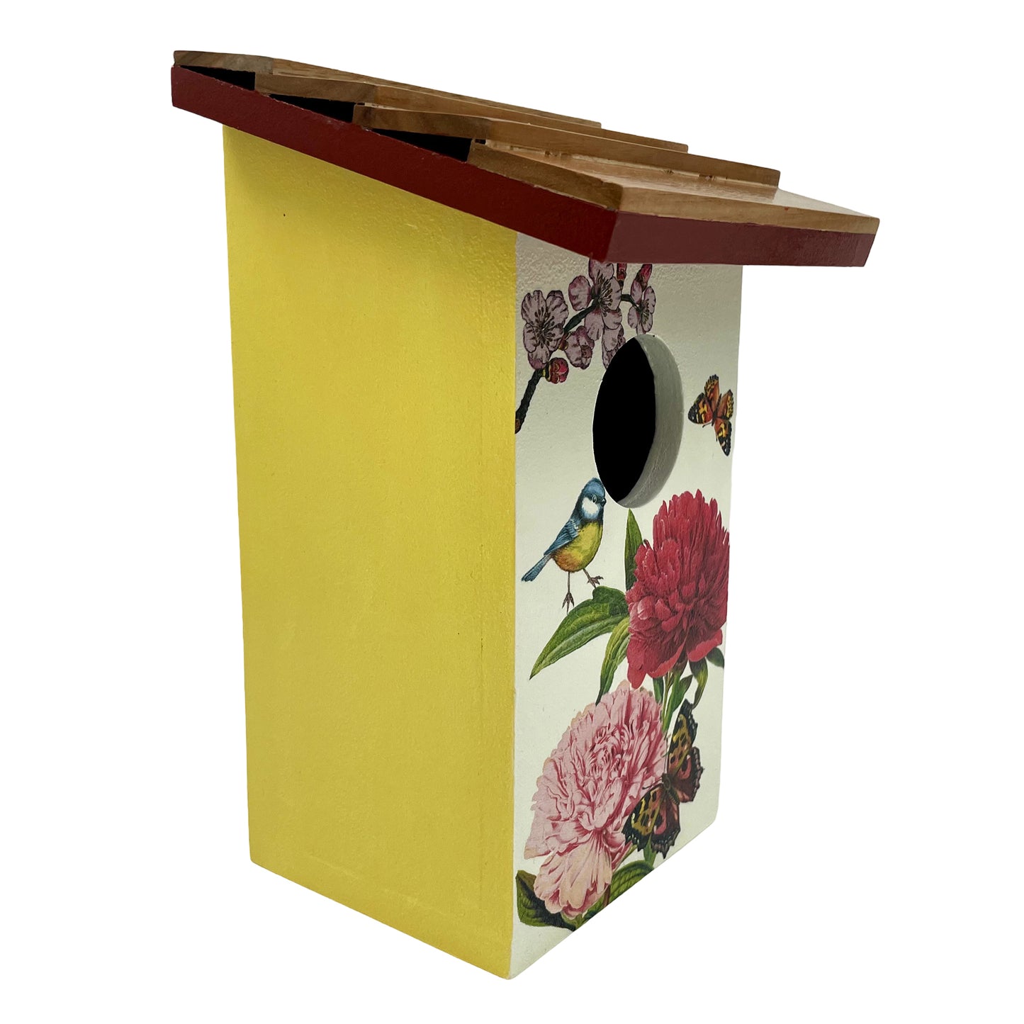 The Weaver's Nest Yellow Floral Teak Roof Bird House
