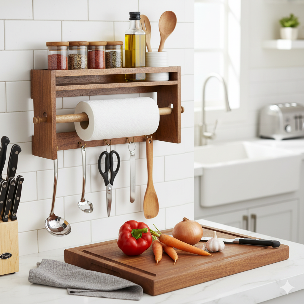 Solid Wood Kitchen Towel Holder with Hooks and Spice shelf