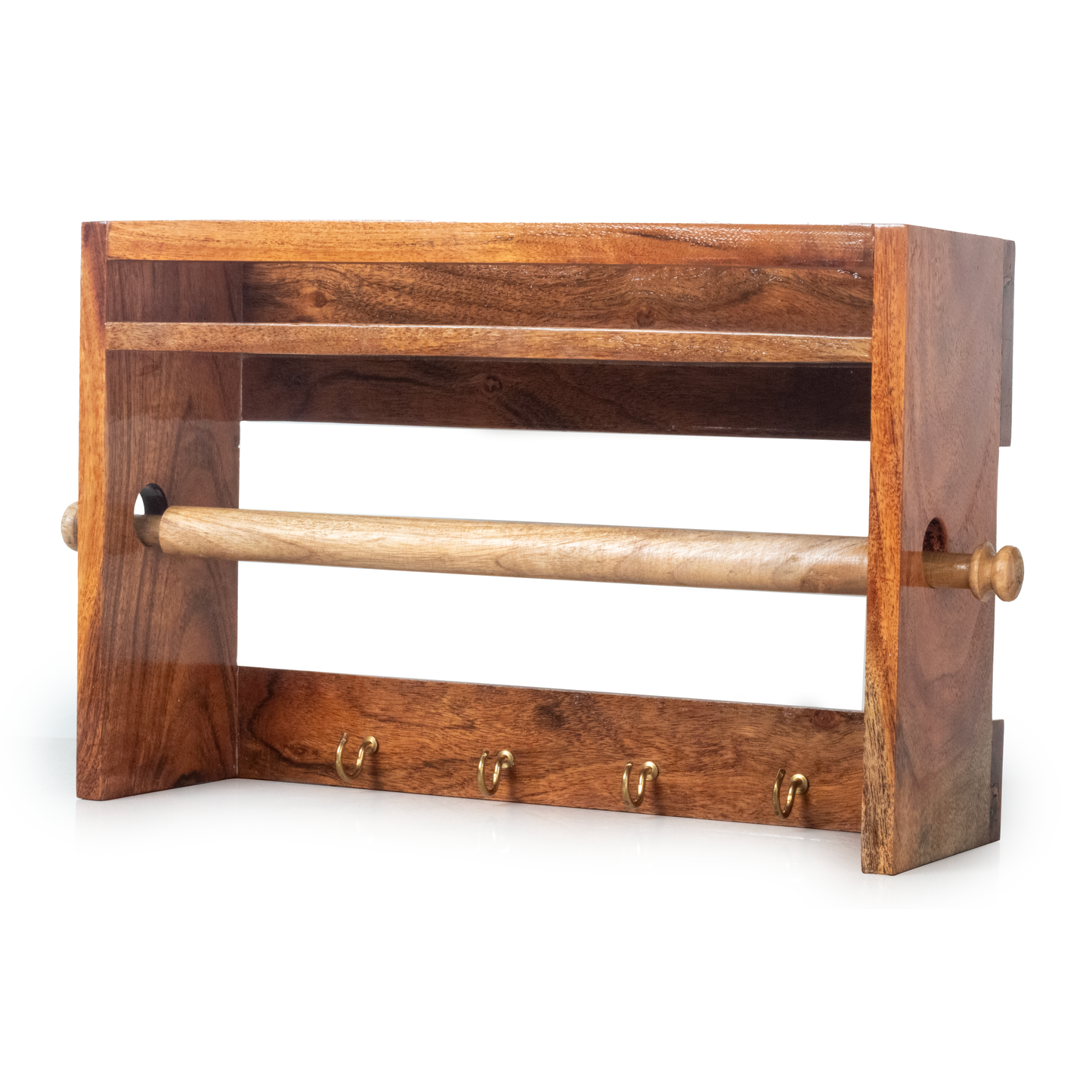 Solid Wood Kitchen Towel Holder with Hooks and Spice shelf