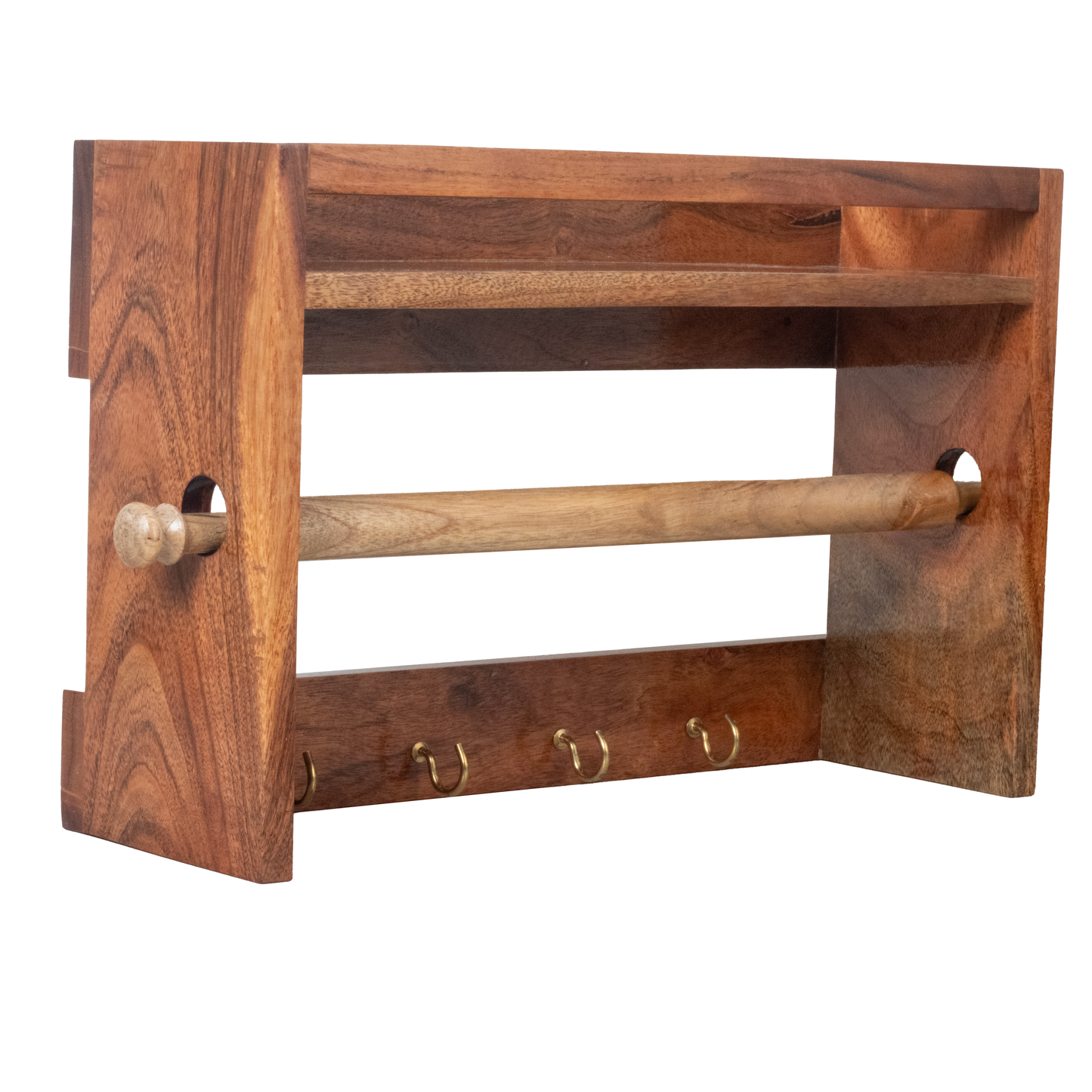 Solid Wood Kitchen Towel Holder with Hooks and Spice shelf