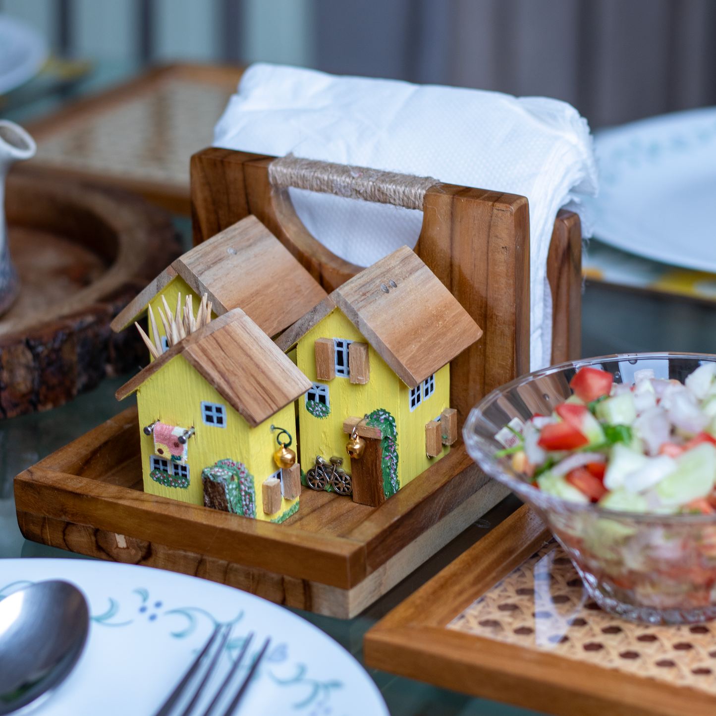 Rustic Houses Table Caddy & Condiment Organizer, Salt & Pepper Holder , Toothpick Holder - Yellow