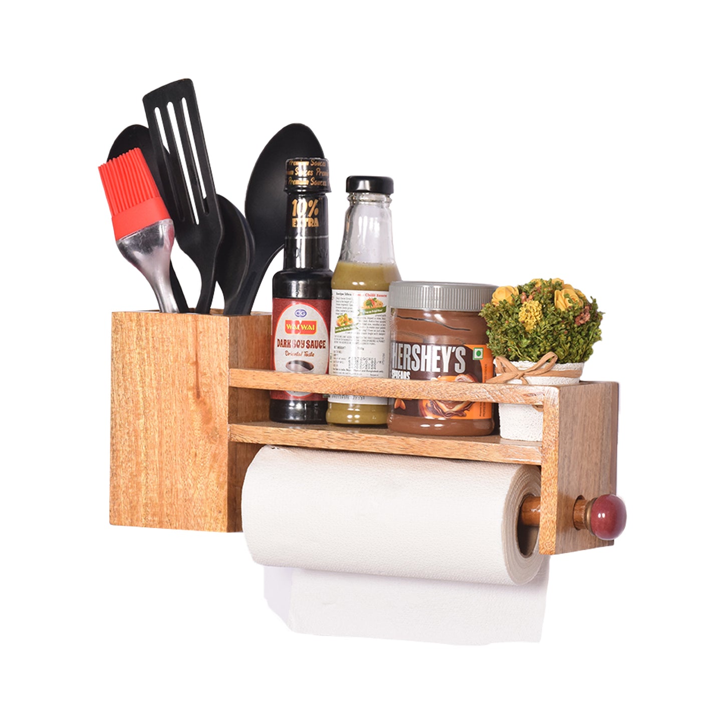 The Weaver's Nest Wooden Towel Holder/Rack with Shelf and Spoons, Forks, Knives Organiser for Kitchen, Restaurants, Hotels